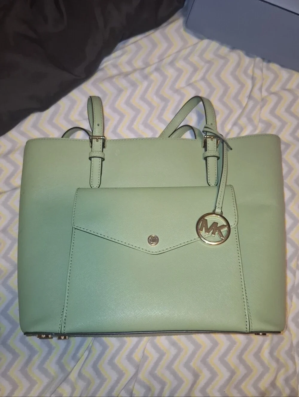 Michael Kors Mint Saffiano Leather Tote with Front Pocket